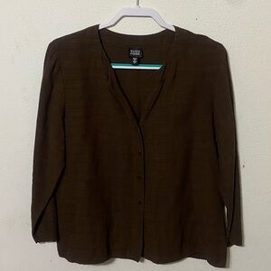 Eileen Fisher Woman Brown Button Front Tunic Top L Italian Fabric Linen Blend